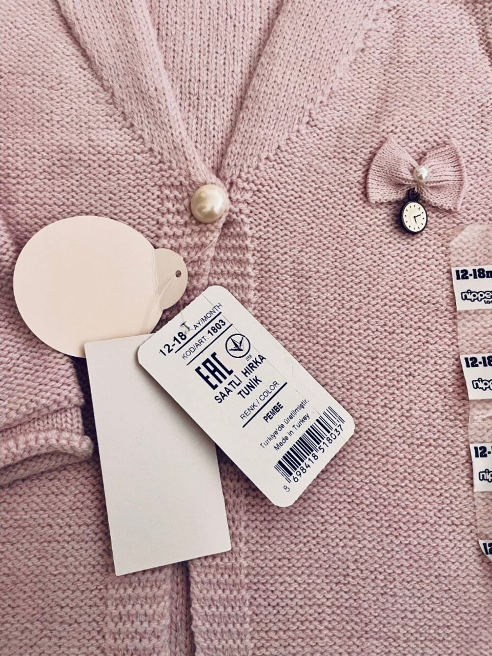 Nipperland Baby Toddler Pink Easter Cardigan w/ Bow and Pearl 12-18 mos. NEW - Picture 3 of 7